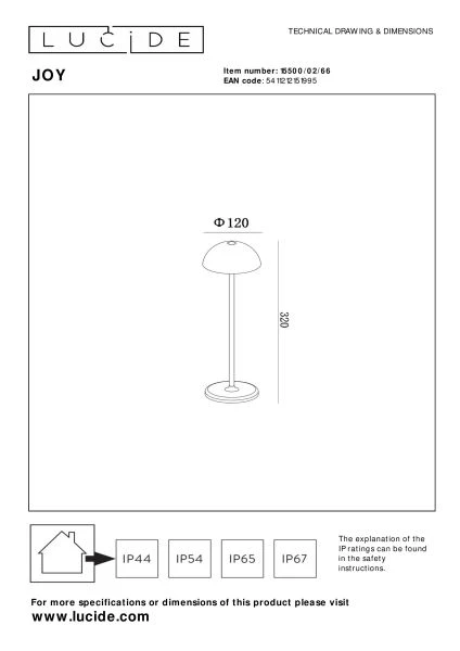 Lucide JOY - Rechargeable Table lamp Indoor/Outdoor - Battery pack/batteries - Ø 12 cm - LED Dim. - 1x1,5W 3000K - IP54 - Pink - technical